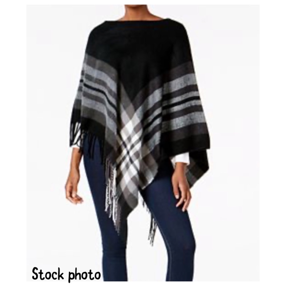 V. Fraas Classic Plaid Brushed Poncho with fringe.